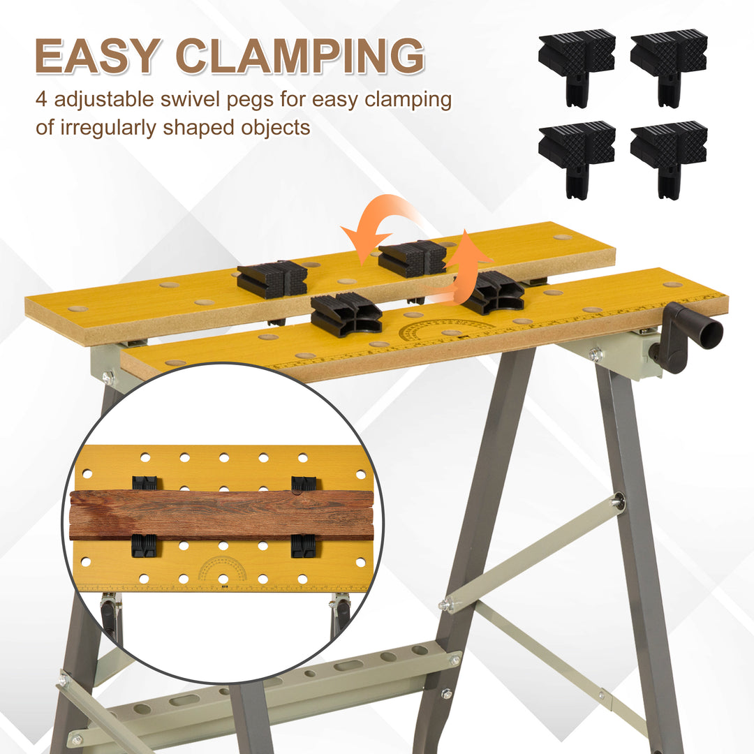 4-in-1 Work Bench, Folding Clamp Table w/ 4 Adjustable Clamping Pegs for DIY Home Garage, Grey