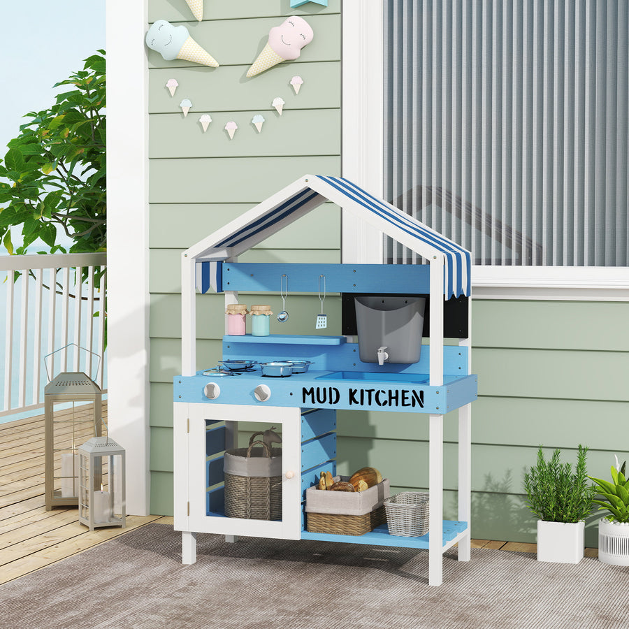 AIYAPLAY Kids Mud Kitchen Outdoor with Stoves, Sink, Faucet, Storage Shelves, Cookware Accessories for Boys Girls, Blue