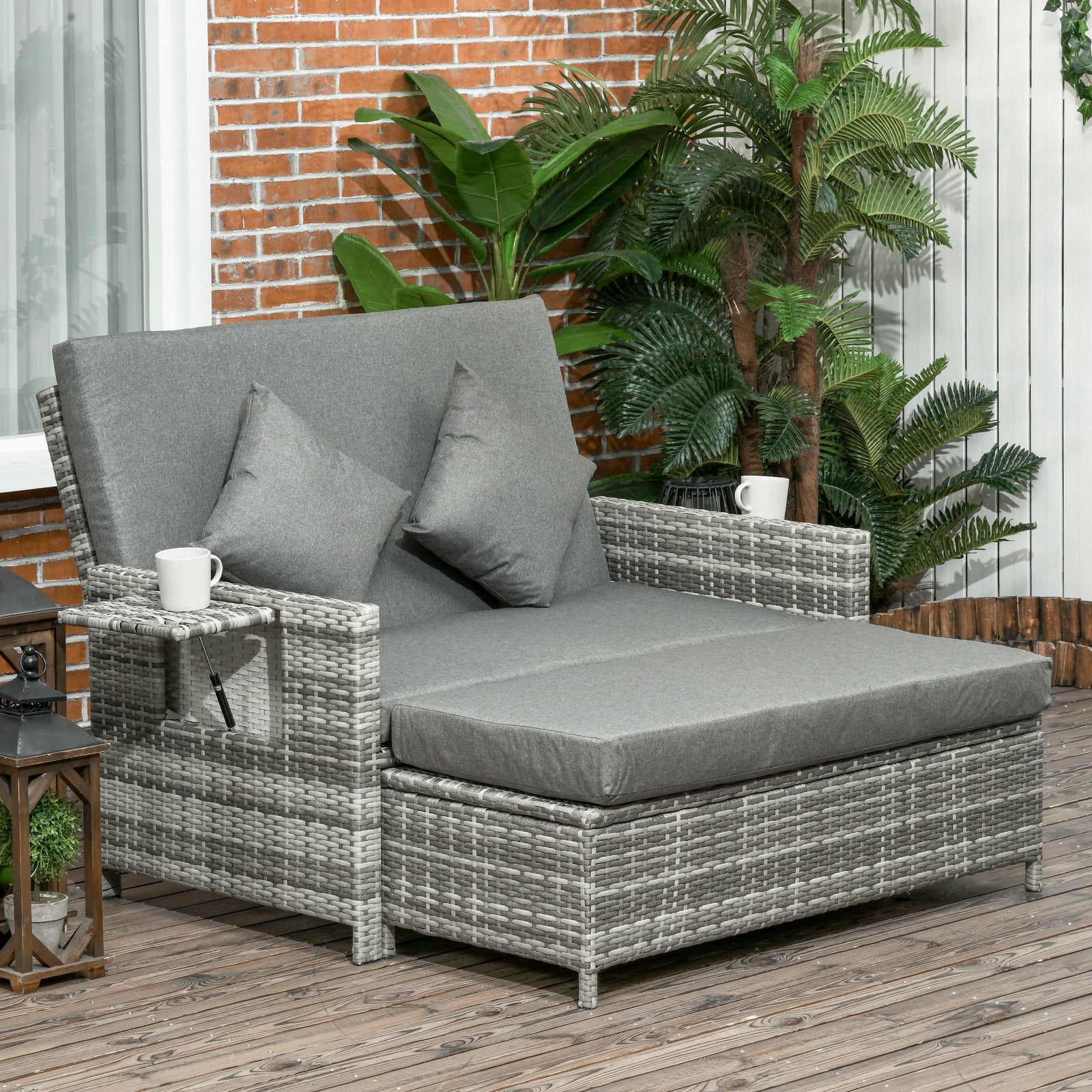 Rattan Garden Daybed, Assembled Double Sun Lounger with 5-Level Adjustable Back, Storage Ottoman, Cushions, Pillows and Retractable Trays, Outdoor Loveseat Sofa Bed for Patio, Mixed Grey