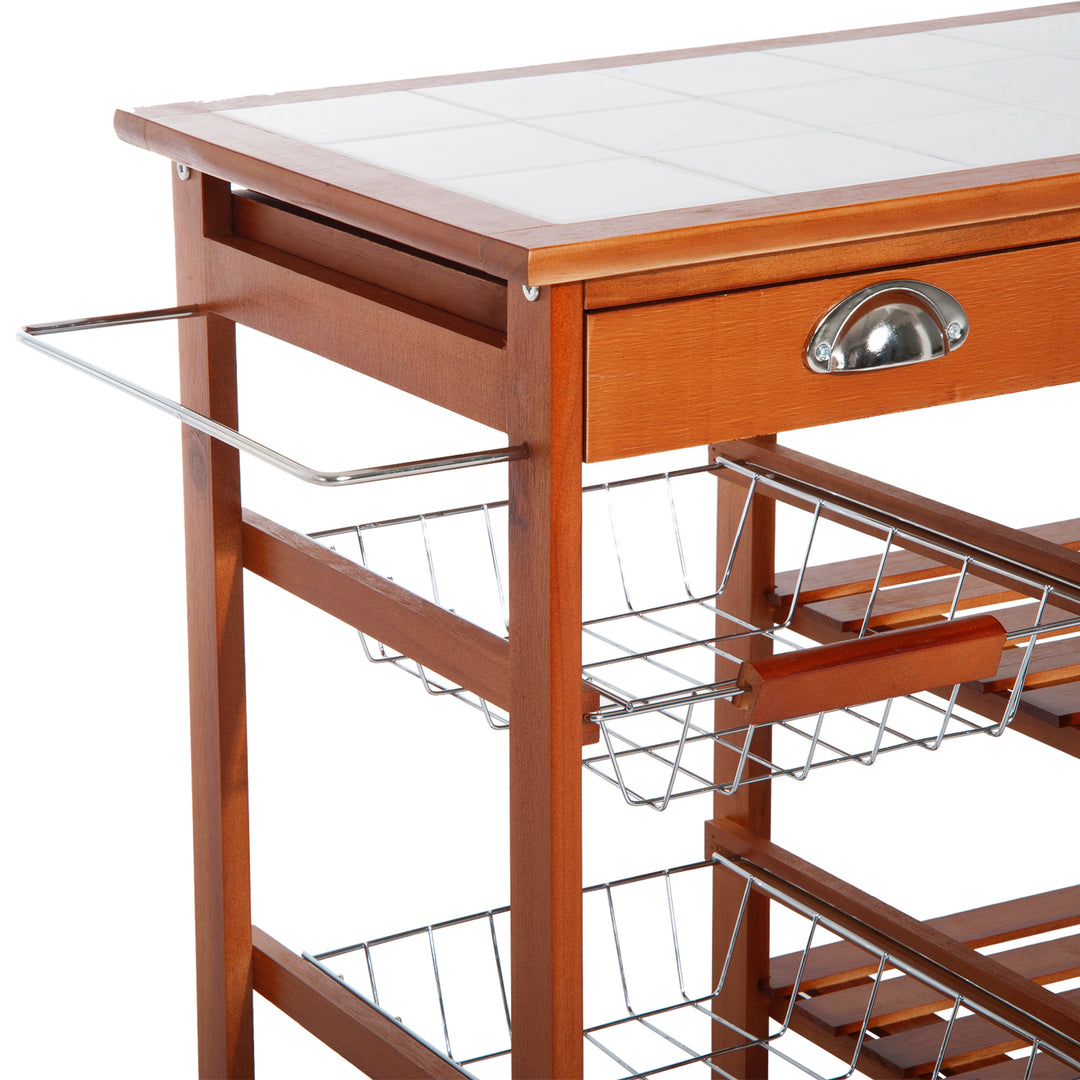Rolling Kitchen Island Trolley Cart Drawer Shelves Basket Wheels W/ 6 Bottle Wine Rack, Honey Colour