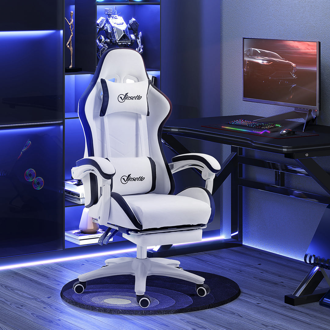 Computer Gaming Chair, PU Leather Office Desk Chair with Footrest, Swivel Wheels, 135° Reclining Back, Lumbar Support, Headrest for Home, White and Black
