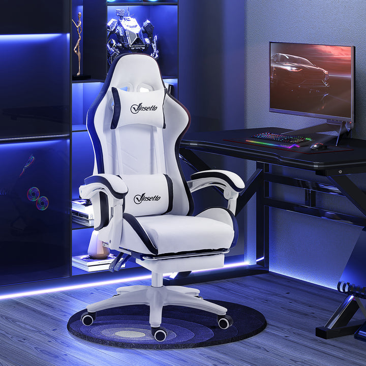 Computer Gaming Chair, PU Leather Office Desk Chair with Footrest, Swivel Wheels, 135° Reclining Back, Lumbar Support, Headrest for Home, White and Black