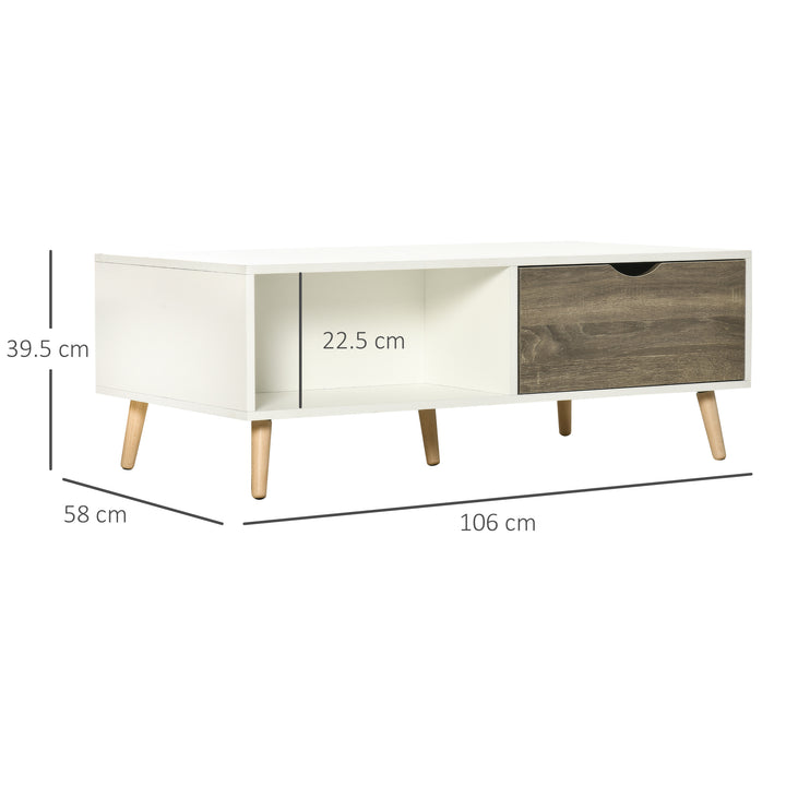 MCL Coffee Table, Modern Tea Table with Open Storage Shelves, Two Drawers and Solid Wood Legs, Coffee Tables for Living Room, Bed Room, White