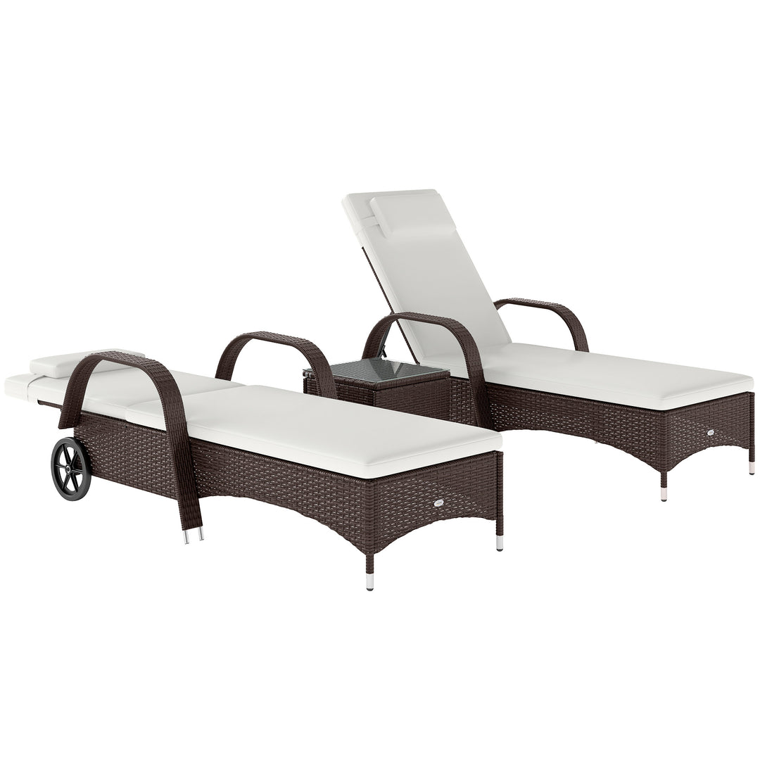 3 Pieces PE Rattan Patio Lounge Chair Set, Outdoor Recliner Lounge Chairs with Wheels, for Outside with Cushions, Headrest, Coffee Table for Garden, Poolside, Brown