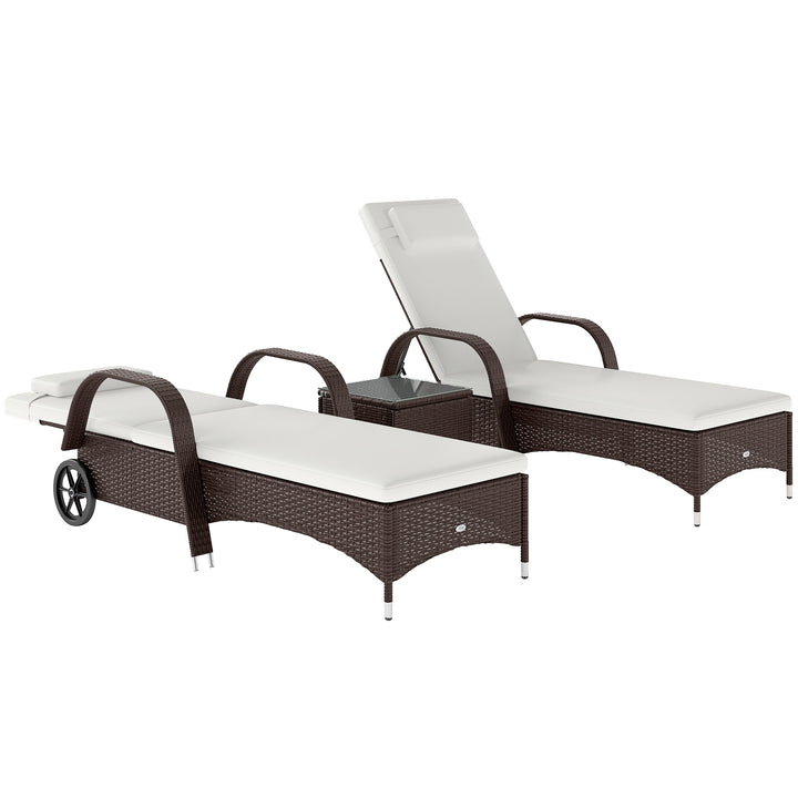 3 Pieces PE Rattan Patio Lounge Chair Set, Outdoor Recliner Lounge Chairs with Wheels, for Outside with Cushions, Headrest, Coffee Table for Garden, Poolside, Brown