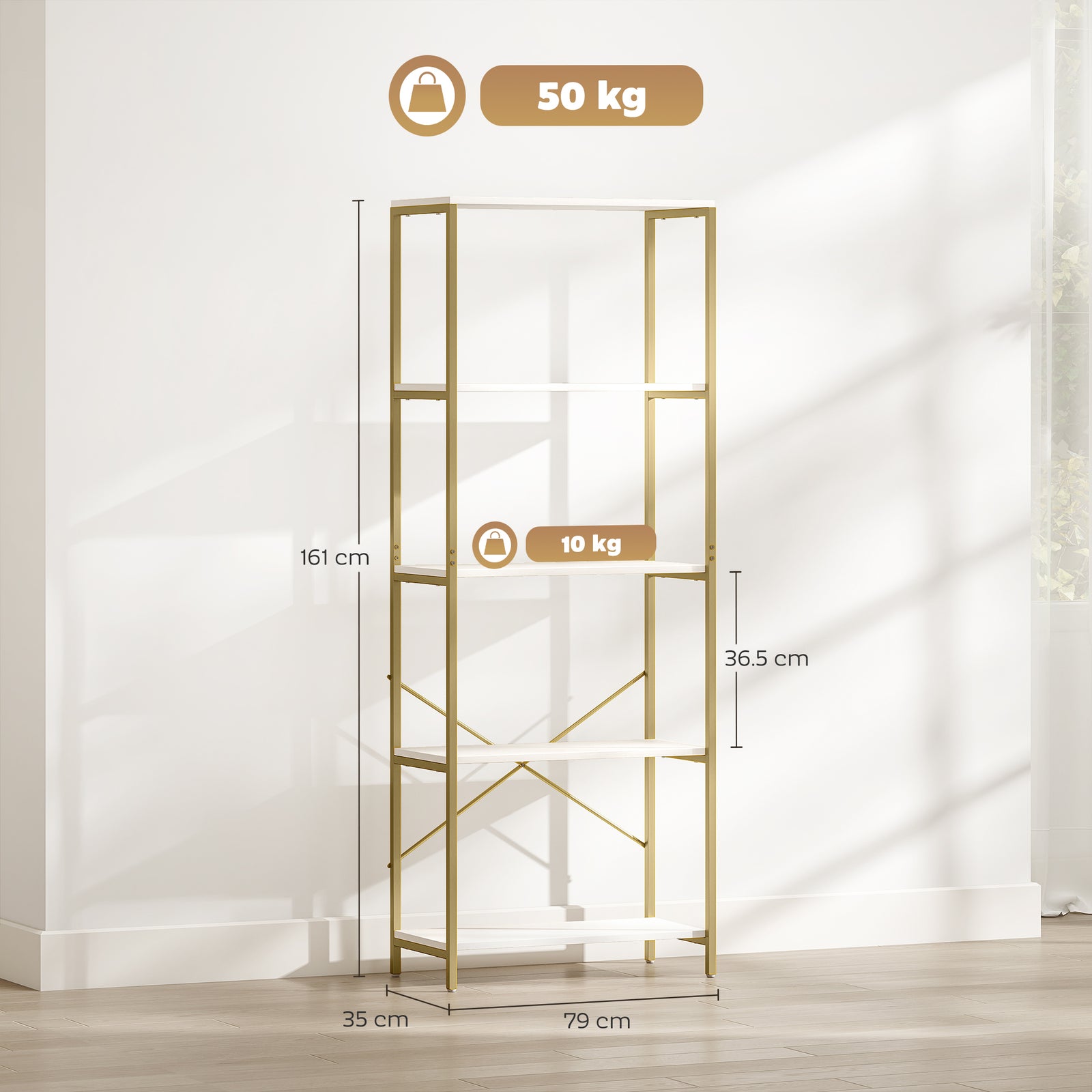 5-Tier Bookshelf, Modern Bookcase with Metal Frame - White and Gold To