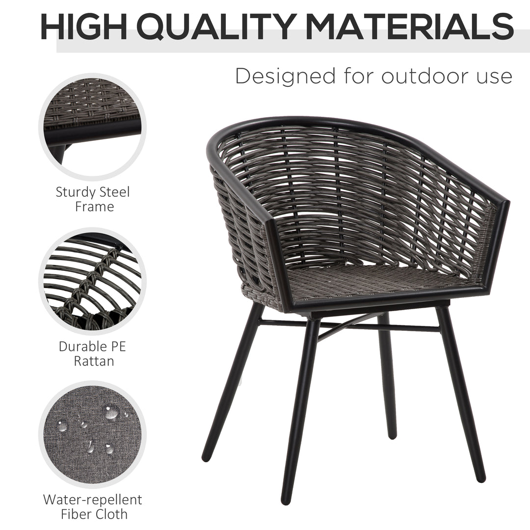 3 Pieces Rattan Bistro Set, Wicker Garden Furniture Set with Round Glass Top Coffee Table and Chairs, Washable Cushions for Outdoor, Patio, Balcony, Grey