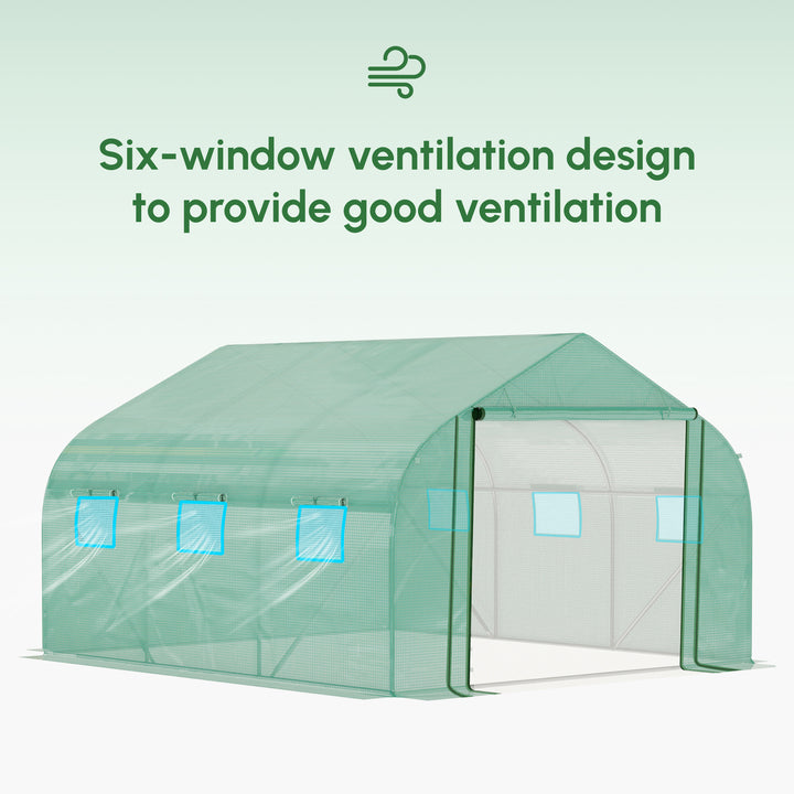 MCL Walk-in Polytunnel Garden Greenhouse, Outdoor Mesh Door Greenhouse with PE Cover and 6 Windows, 3.5 x 3 x 2m, Green
