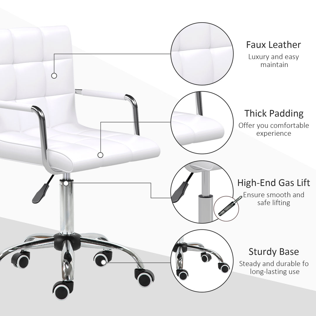 Office Chair, Makeup Vanity Chair, Mid Back Computer Chair, PU Leather Swivel Study Chair with Adjustable Height, Armrest and Rolling Wheels, White