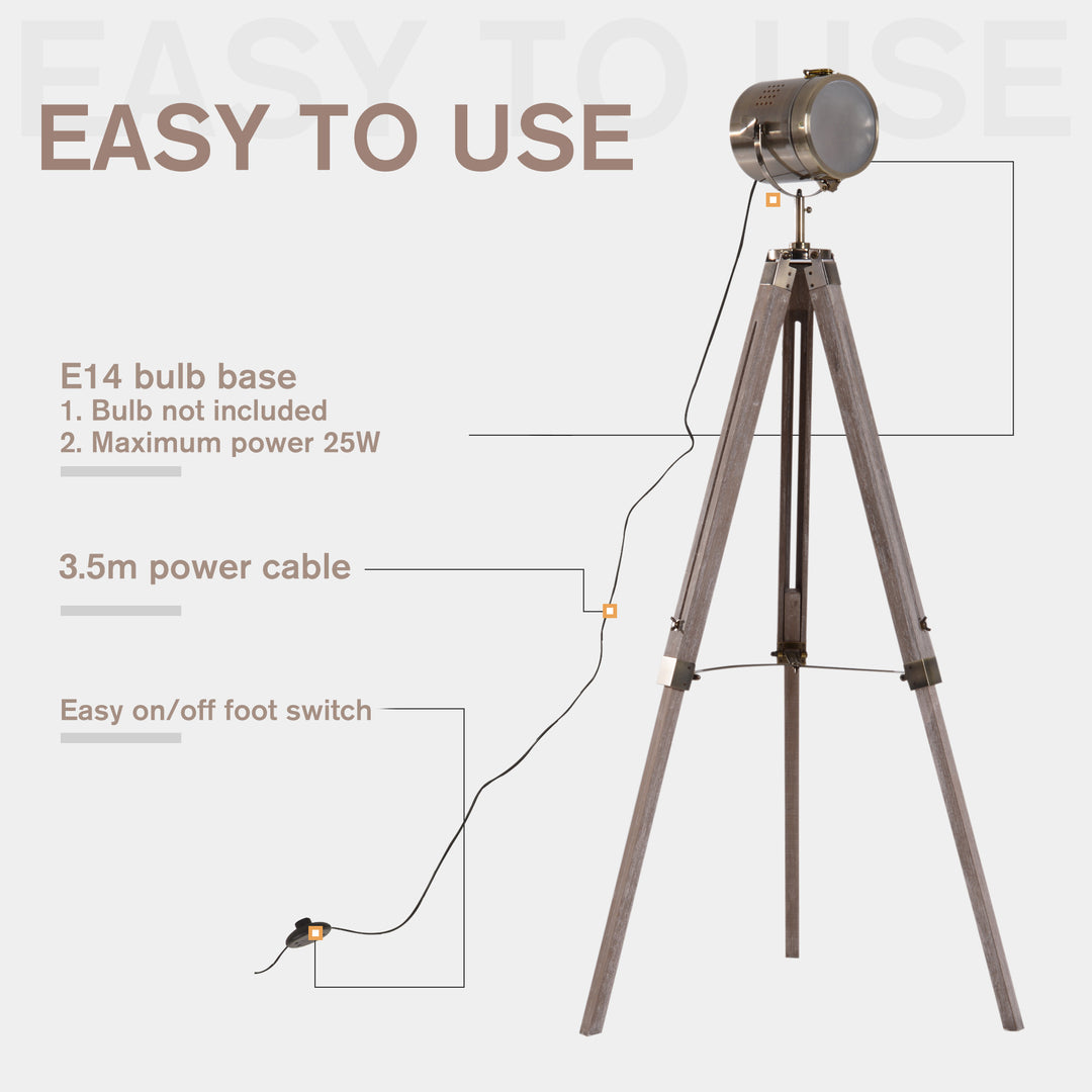 Industrial Tripod Floor Lamp, Nautical Searchlight with Adjustable Height, Wood Legs, E14 Lamp Base for Living Room, Bedroom, Grey and Bronze