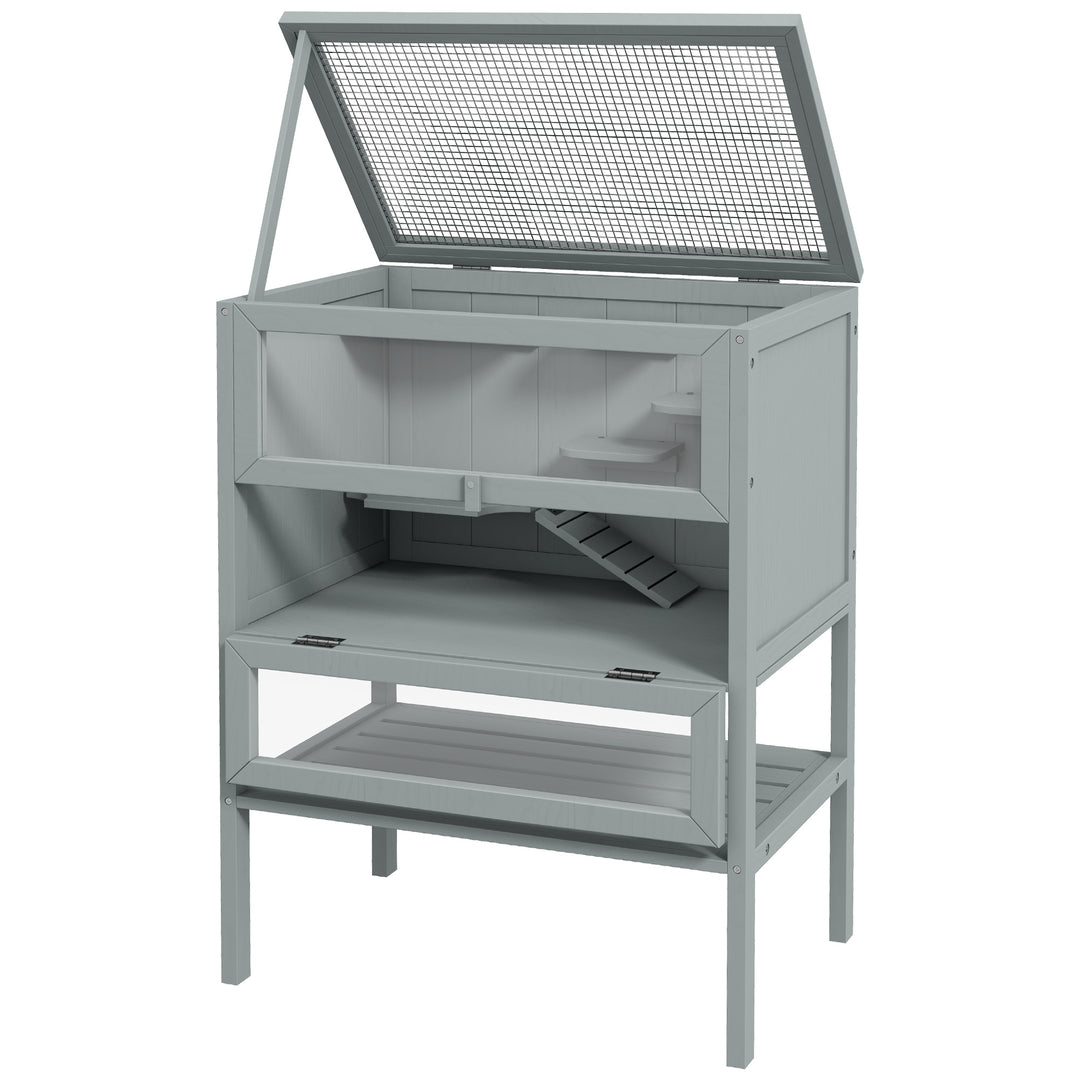 Wooden Hamster Cage 3 Tier House w/ Storage Shelf, Openable Top for Gerbils, Grey