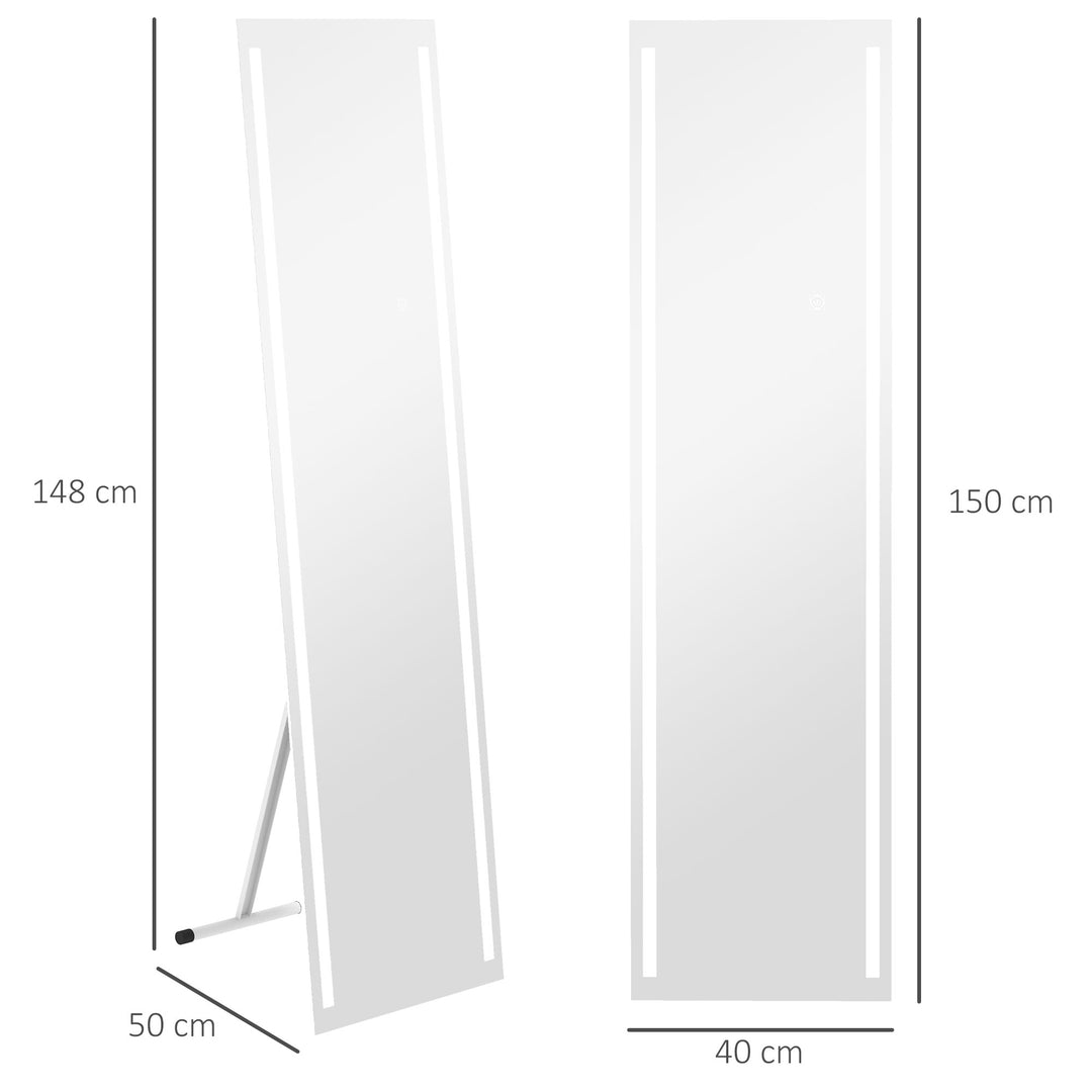 HOMCOM LED Dressing Mirror, Standing Wall Bedroom Mirror with Dimmable 3 Colour Lighting, 23W, 40x50x148cm, White | Aosom UK