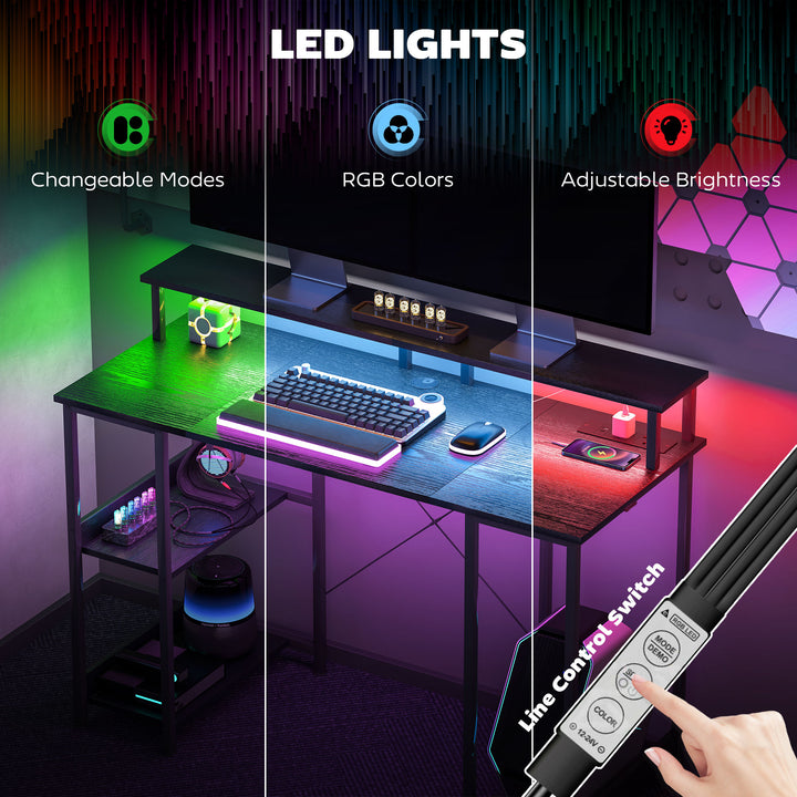 LED Computer Desk, with Power Outlets and Shelves - Black