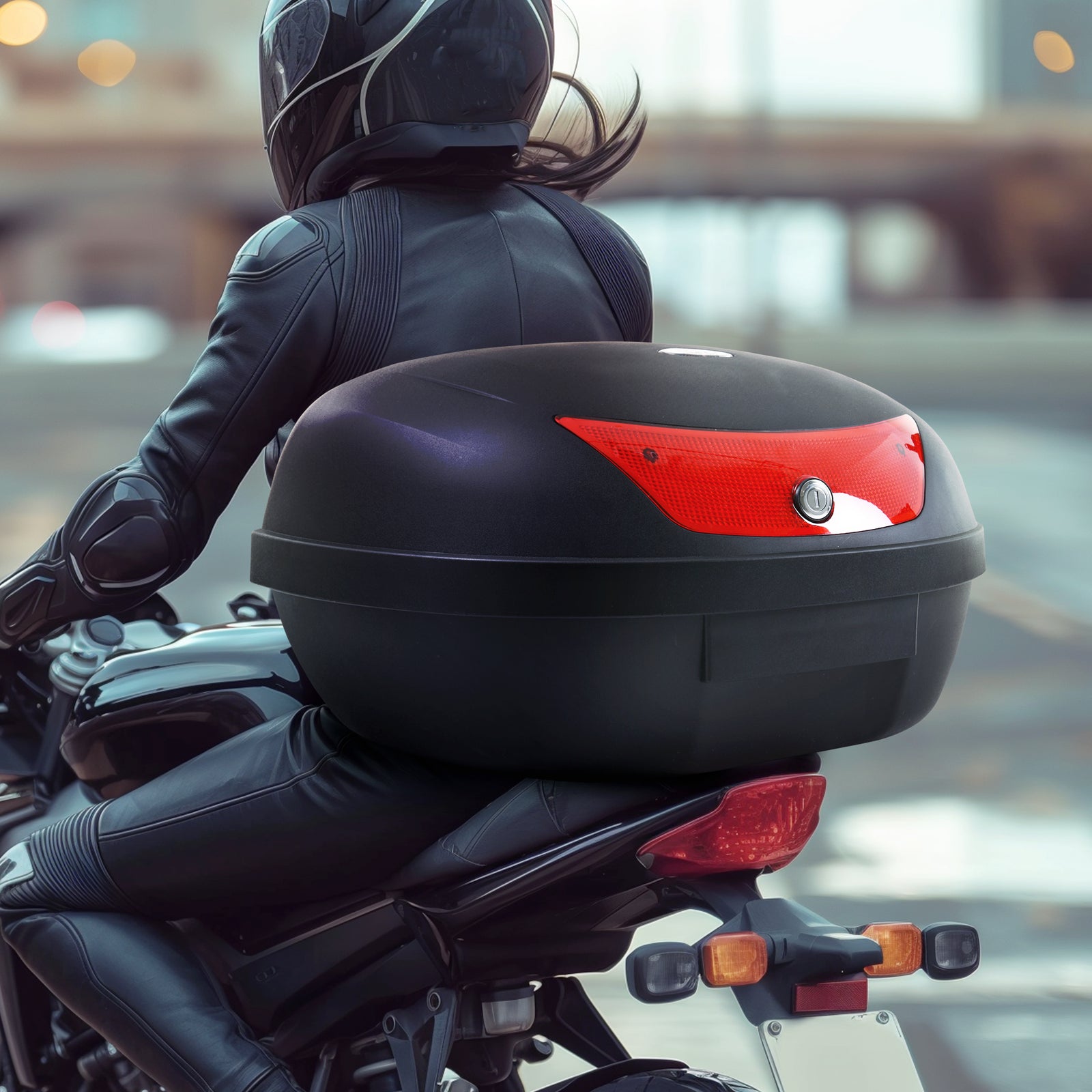 48L Motorcycle Trunk Travel Luggage Storage Box Motorbike Accessory Large Storage Space For 2 Half Helmet - Black