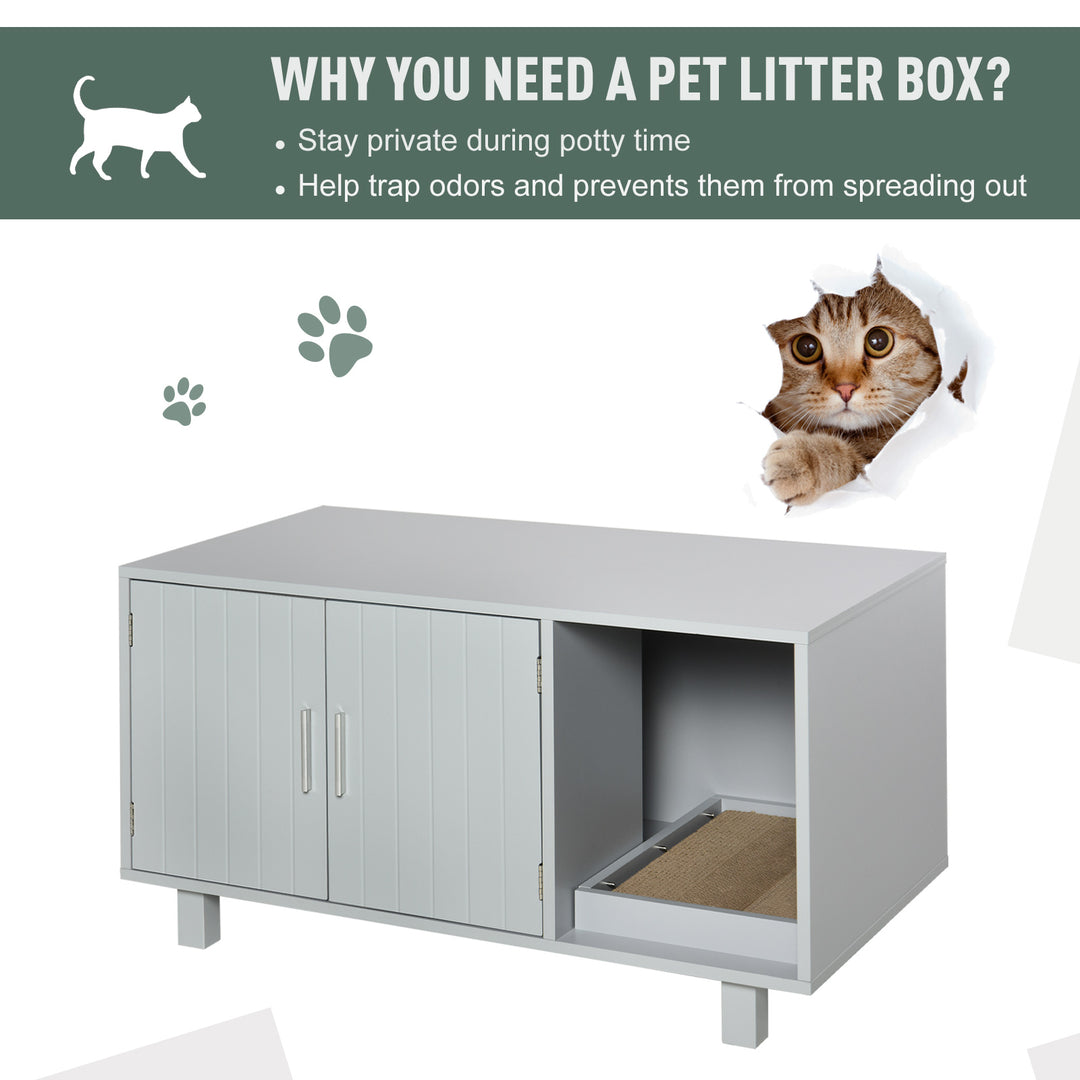 MCL Wooden Cat Litter Box Enclosure & House with Nightstand/End Table Design, Scratcher, & Magnetic Doors, Grey