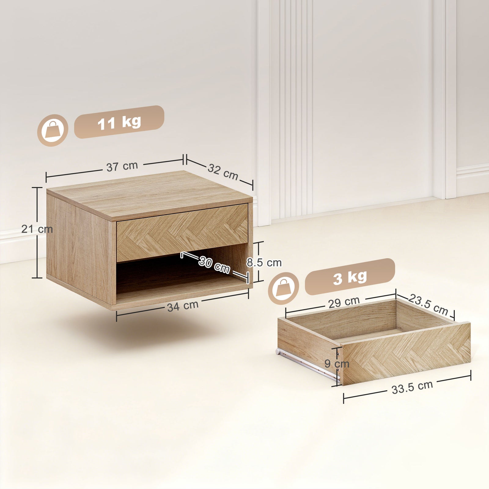 Set of Two Floating Bedside Tables - Natural Wood Finish