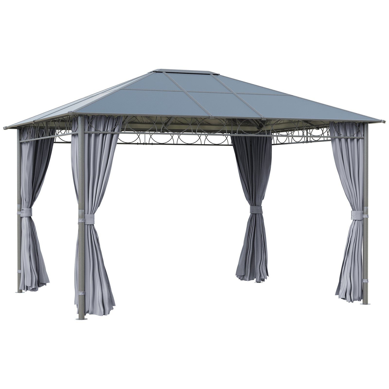 3 x 3.6m Hardtop Gazebo Canopy with Polycarbonate Roof, Permanent Pavilion Garden Gazebo with Curtains for Patio, Deck, Grey