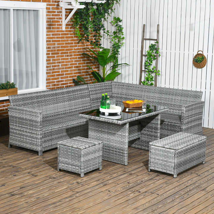 5-Piece Rattan Patio Furniture Set with Corner Sofa, Footstools, Glass Coffee Table, Cushions, Mixed Grey