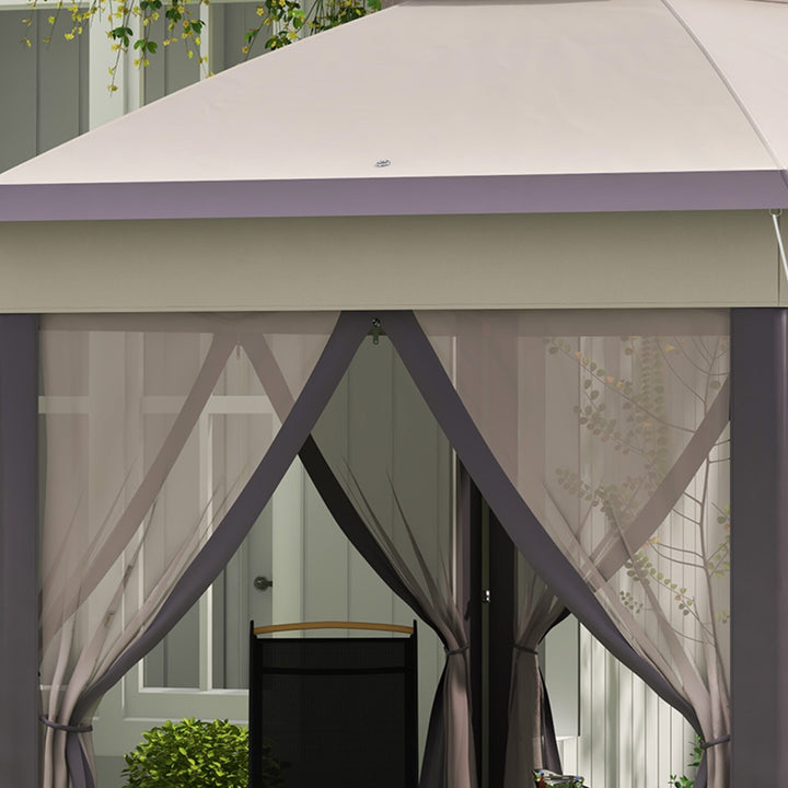 3 x 4m Garden Gazebo Hexagon Pop Up Gazebo Party Tent Canopy Double Roof Instant Shelter with Netting and Carry Bag for Outdoor Patio, Beige