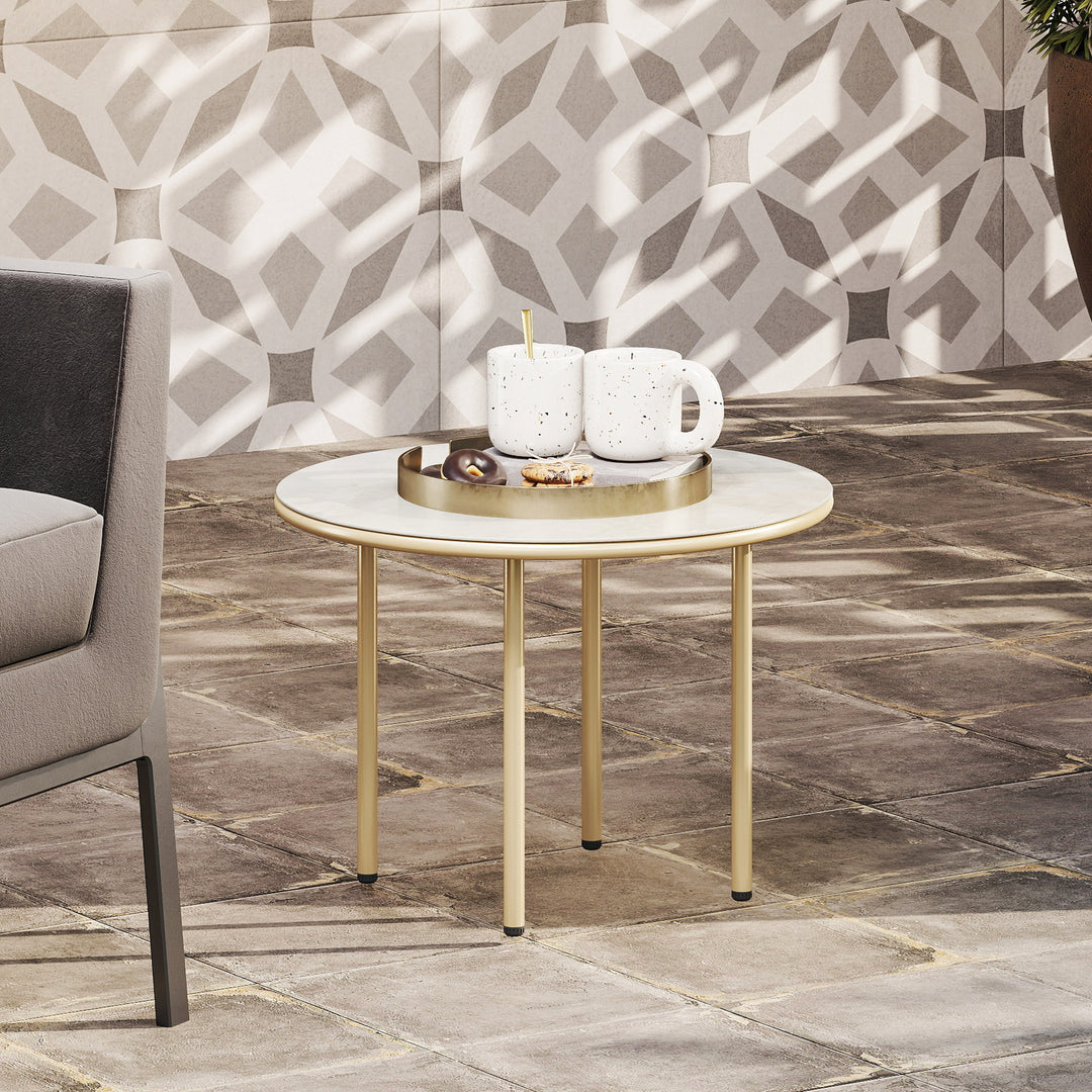 Round Coffee Table, Modern End Side Table with Faux Marble Tempered Glass Top, Steel Frame for Living Room, Bedroom, Office, Beige