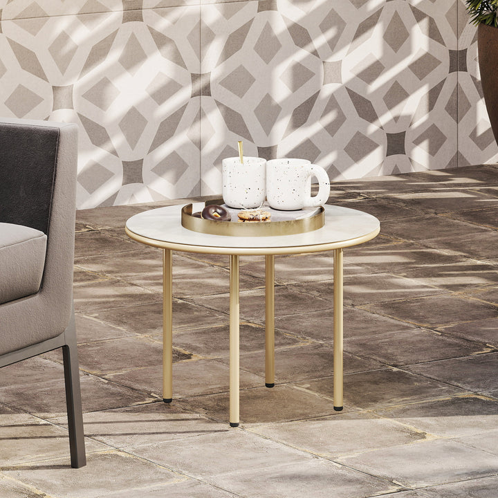 Round Coffee Table, Modern End Side Table with Faux Marble Tempered Glass Top, Steel Frame for Living Room, Bedroom, Office, Beige