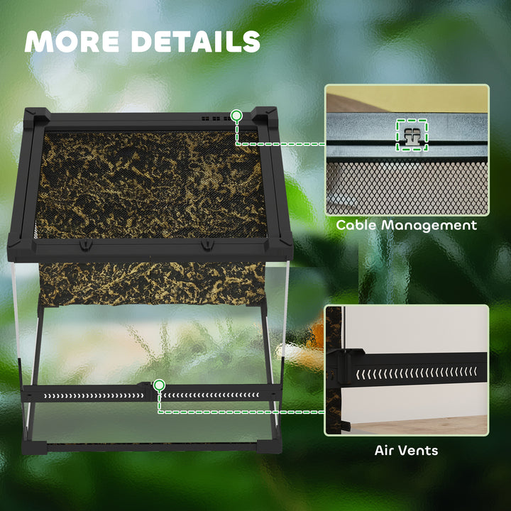 Reptile Glass Terrarium with Stone Background, Front Ventilation, Escape-Proof Knob Lock, 30 x 30 x 30 cm, Black