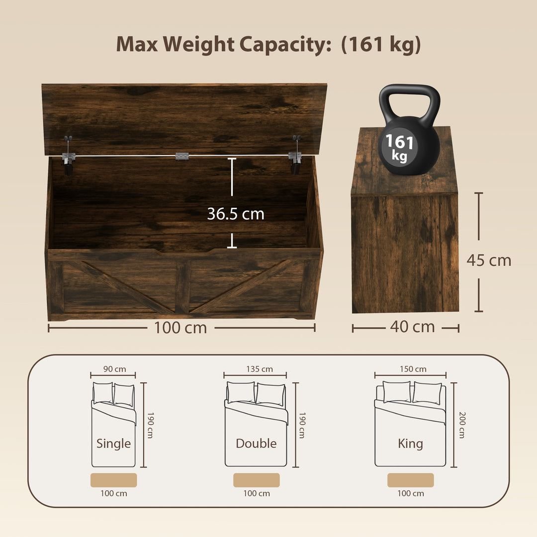 127L Home Storage Box, with Safety Hinges - Rustic Brown Wood-Effect