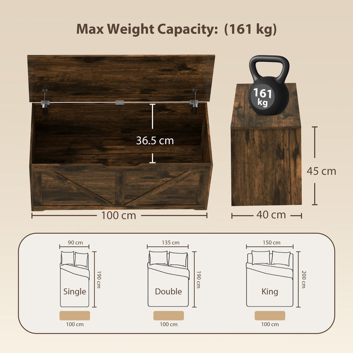 127L Home Storage Box, with Safety Hinges - Rustic Brown Wood-Effect