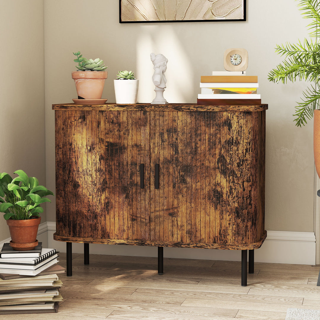 Mid-Century Modern Sideboard Storage Cabinet with Slatted Tambour Sliding Doors, Kitchen Cabinet with Steel Legs, Rustic Brown