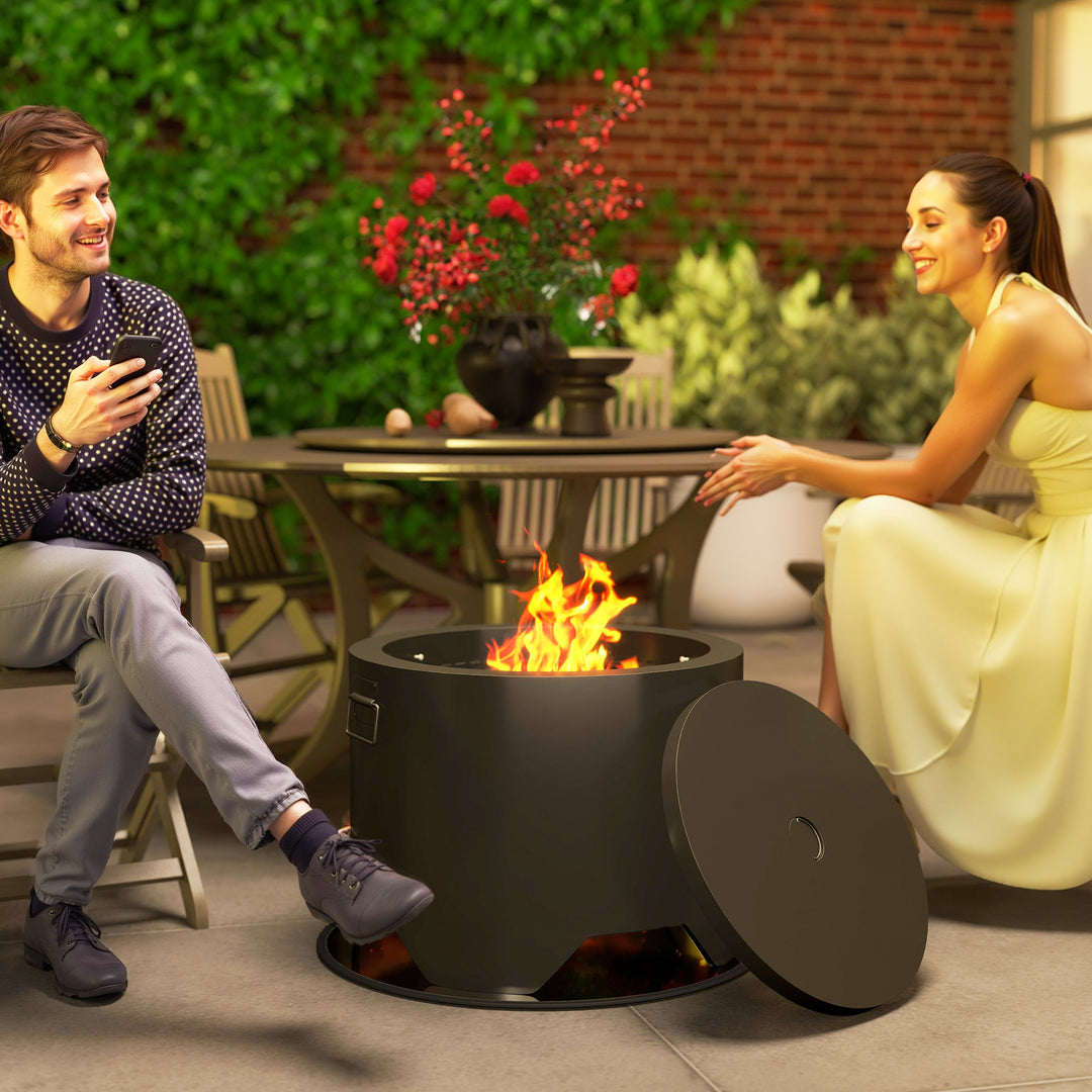 Outdoor Round Fire Pit with Lid and Fire Poker - Black