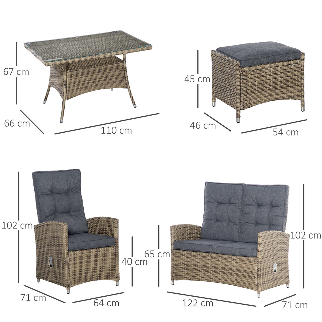 Outsunny 6 Pieces PE Rattan Dining Set, Patio Wicker Conversation Furniture, Tempered Glass Table