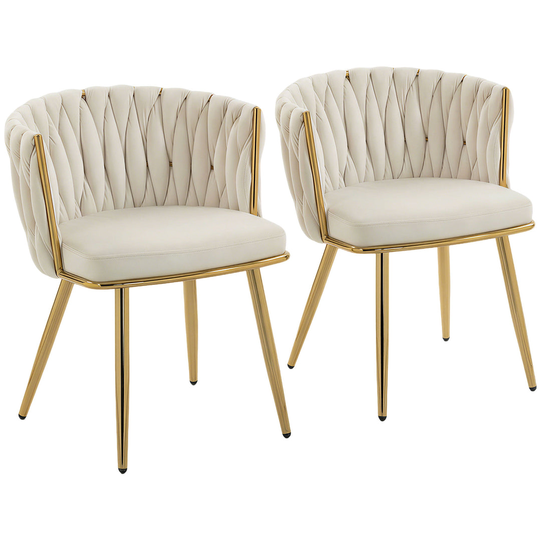 Velvet-Feel Dining Chairs Set of 2, Modern Upholstered Kitchen Chairs with Woven Backrest and Armrests, Metal Legs and Padded Seat for Dining Room, Bedroom, Living Room