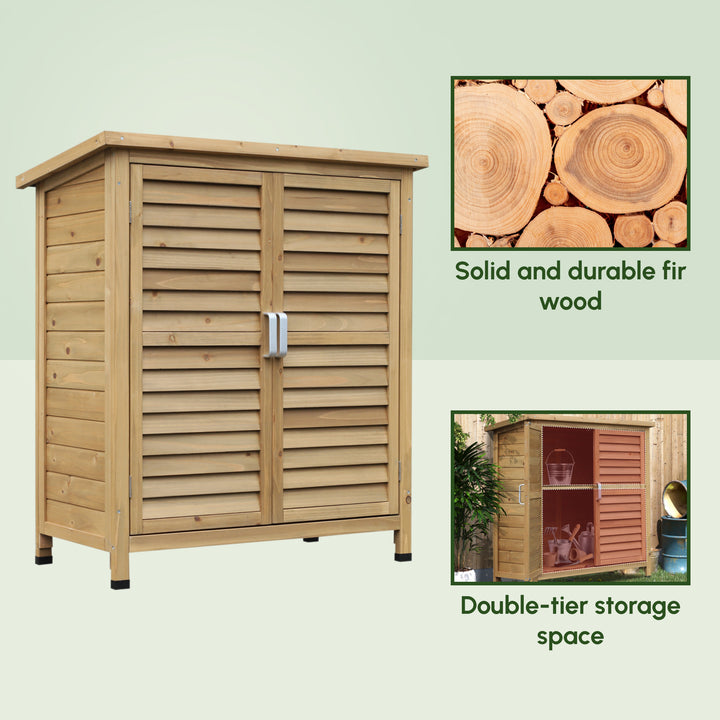 Garden Shed Wooden Garden Storage Shed 2 Door Unit Solid Fir Wood Garage Tool Organisation Cabinet, 87L x 46.5W x 96.5Hcm, Natural
