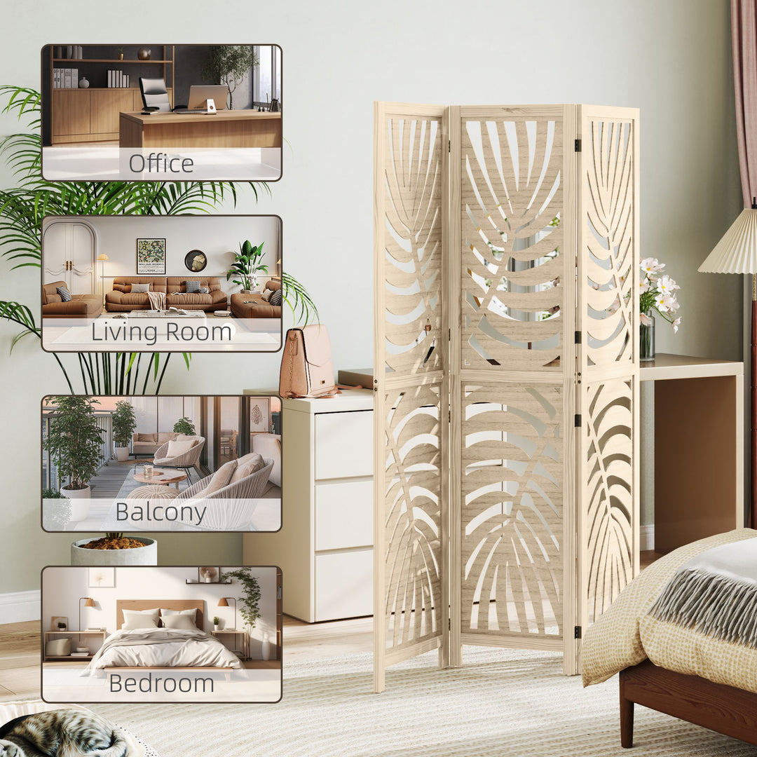 3 Panel Room Divider, Detachable Folding Privacy Screens with Palm Leaf Design for Home Office