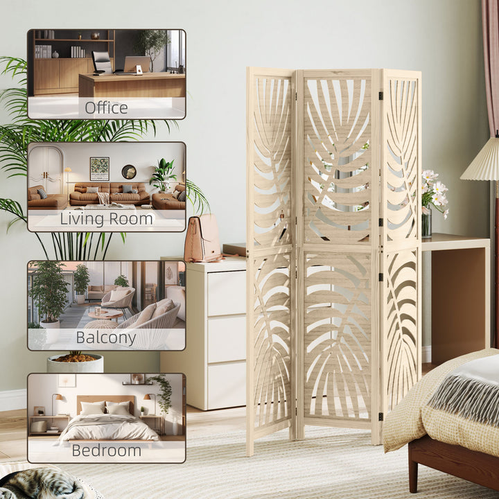 3 Panel Room Divider, Detachable Folding Privacy Screens with Palm Leaf Design for Home Office