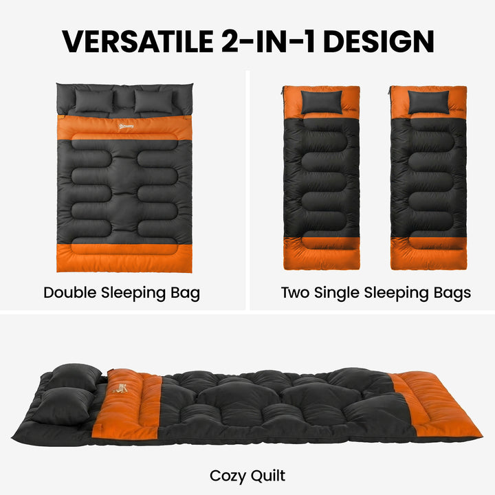 Double Sleeping Bag with 2 Pillows, 220 x 160 cm Extra-Large Sleeping 