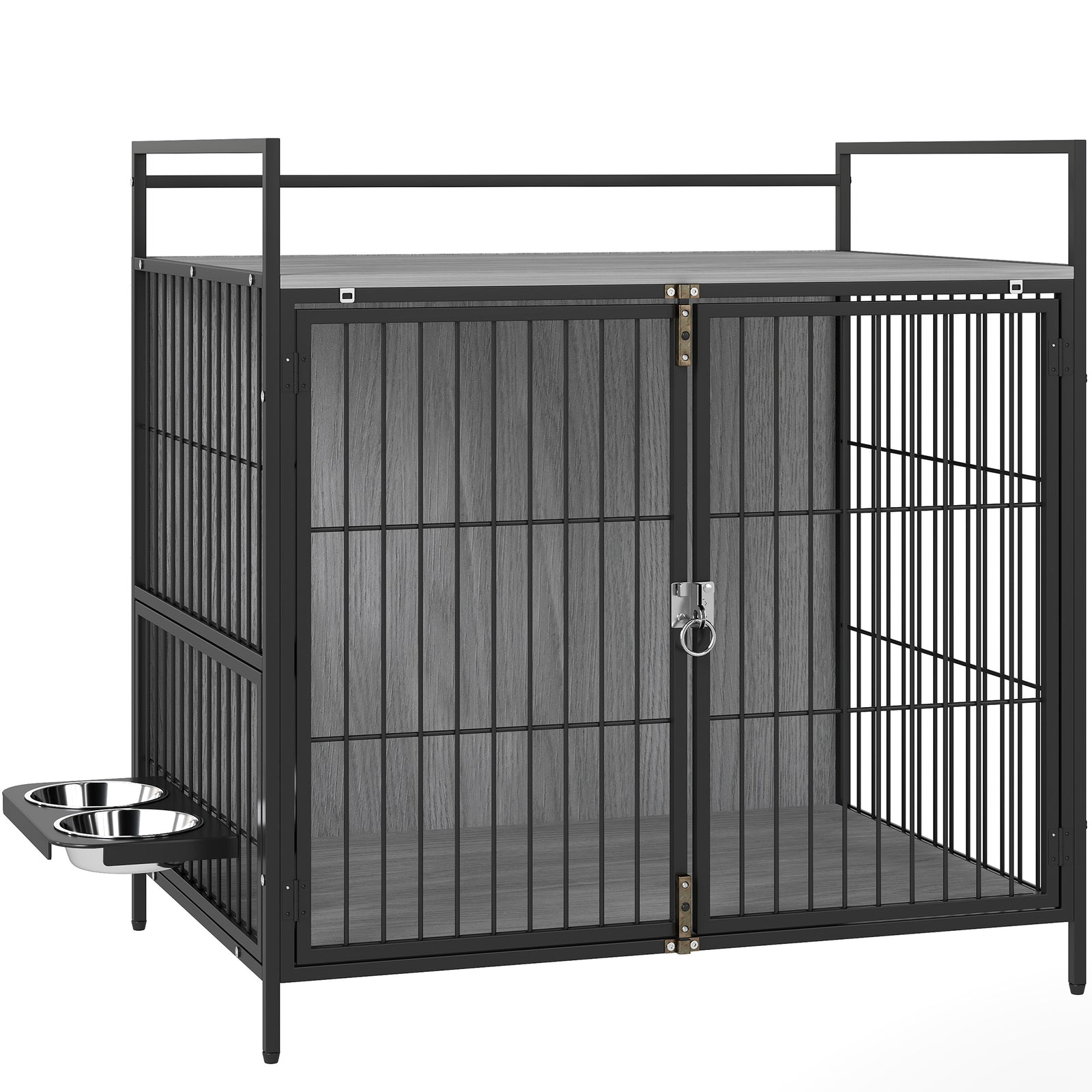 Dog Crate Furniture with Rotating Bowl Holder, 2 Bowls, 2 Doors, for Medium Dogs, 80 x 56 x 76.5 cm, Grey