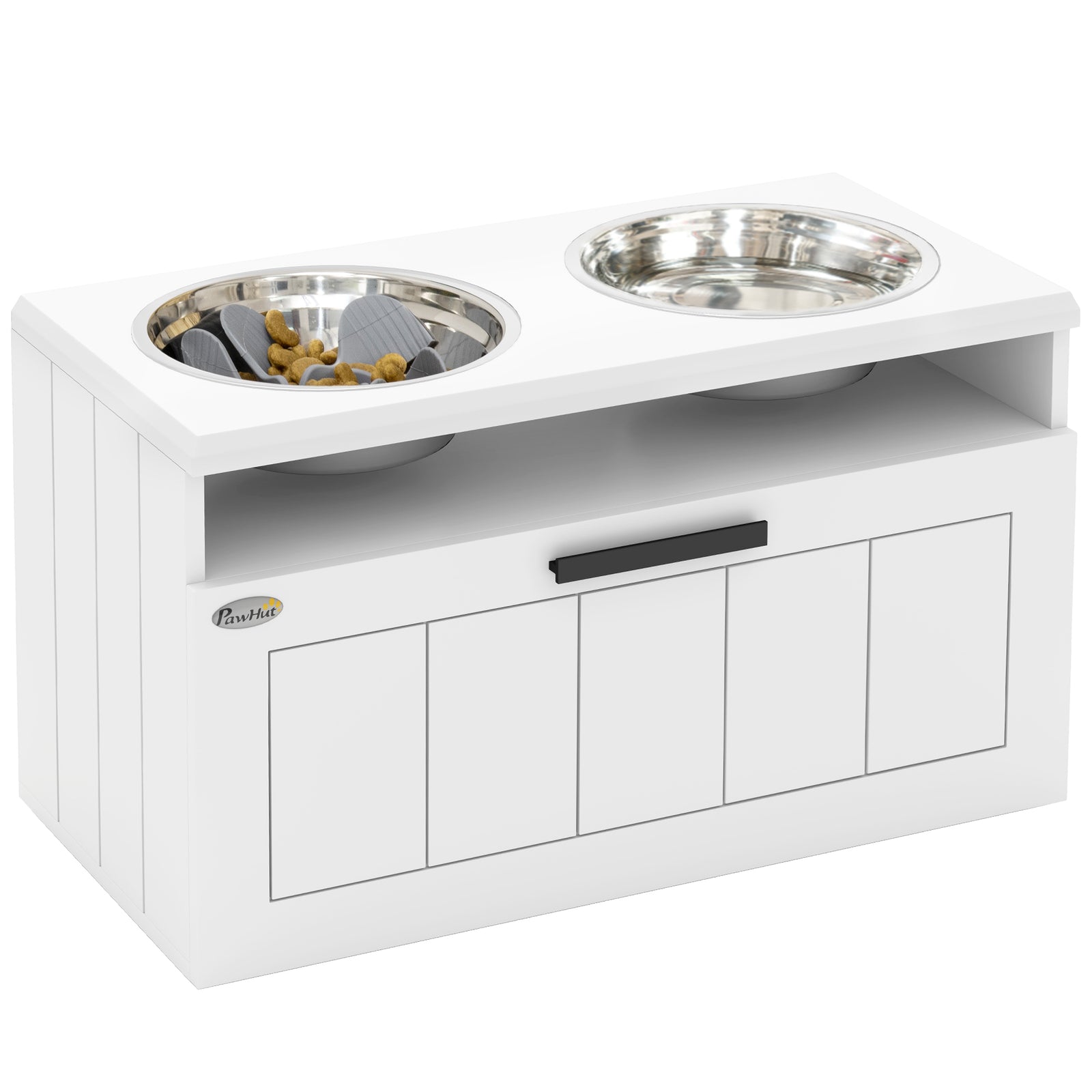 Raised Dog Bowl with Slow Feeder, Two Stainless Steel Dog Bowls, Drawer, for Large and Extra Large Dogs, White