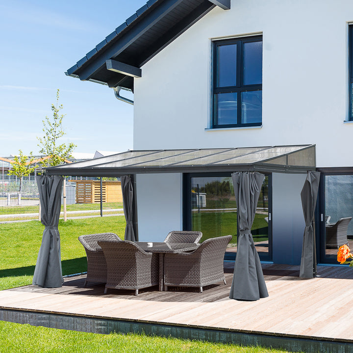4 x 3(m) Outdoor Hardtop Gazebo with Curtains, Lean to Aluminium Pergola with Polycarbonate Roof, Garden Pavilion Sun Shade Shelter, Grey