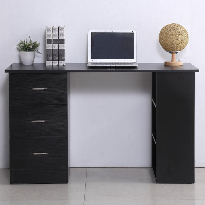 Computer Desk, Writing Table, PC Workstation with 3 Storage Shelves and Drawers, Silver Handle, for Home Office, Black