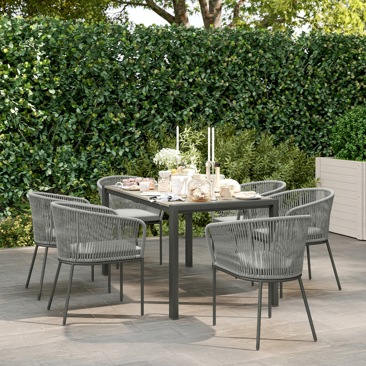 Rattan Dining Set, 6 Seater Rattan Garden Furniture Set with Acacia Wood Top Rectangle Table, 6 Chairs, Washable Seat Cushions, for Outdoor, Patio, Conservatory, Grey
