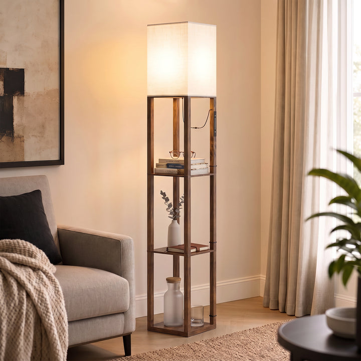 Floor Lamp with Shelves, Modern Dimmable Standing Lamp with Fabric - view 2
