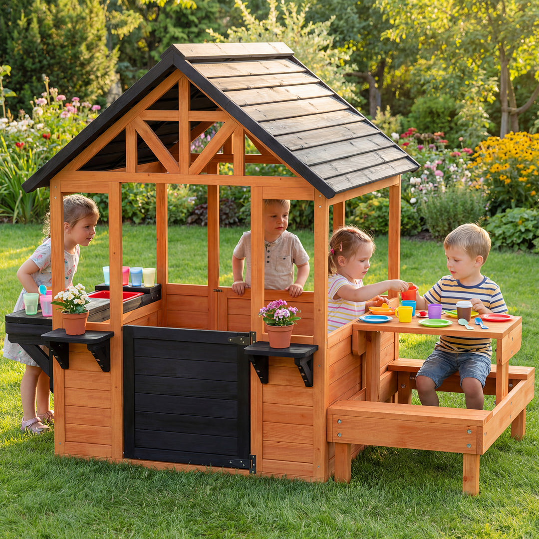 Wooden Playhouse Playhouse for Kids with Table, Benches, Sink Table, W