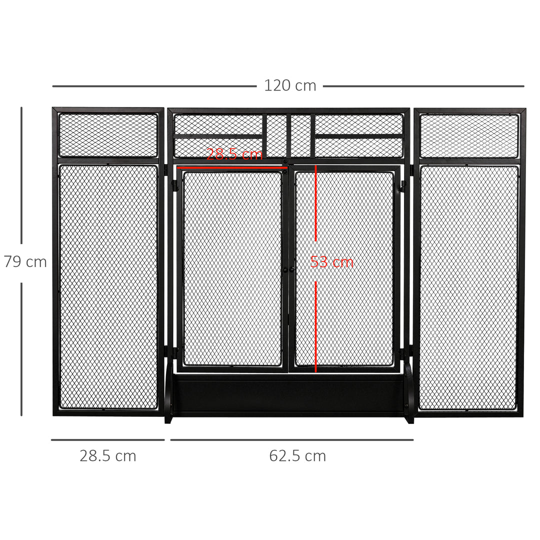 3-Panel Folding Fireplace Screen with Door, Freestanding Spark Guard, Metal Mesh Fireguard, Black