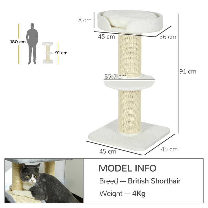 PawHut 2 Tier Sisal Sherpa Cat Tree with Basket Cushion Sisal Post Cream White | Aosom UK