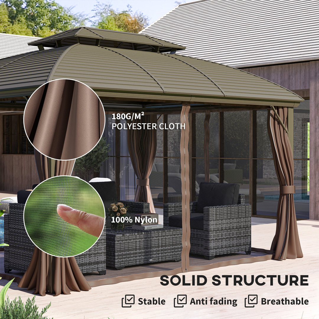3.65 x 3(m) Hardtop Steel Gazebo Canopy with Aluminium Frame, Double Roof, Net Sidewalls and Curtains, Coffee