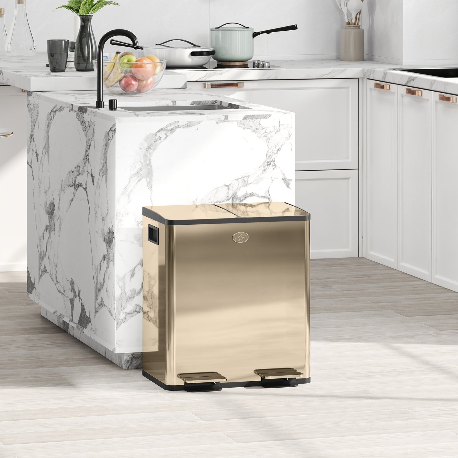 40L Dual Compartment Stainless Steel Bin, with Deodoriser Holders - Gold Tone
