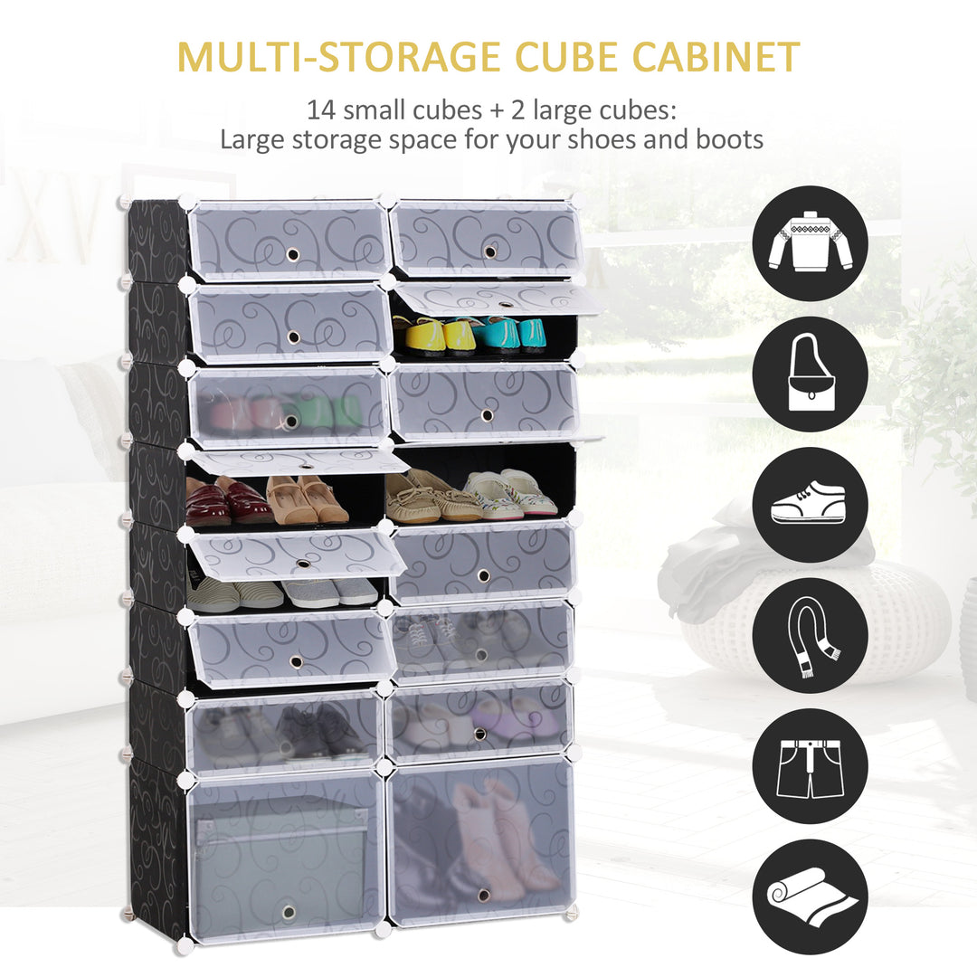 16 Cube Shoe Rack, 2 x 8 Tier Shoe Storage Cabinet, Modular Plastic Shelves for Bedroom, Living Room and Entryway, Space Saving Footwear Organizer, 32 Pairs, White and Black