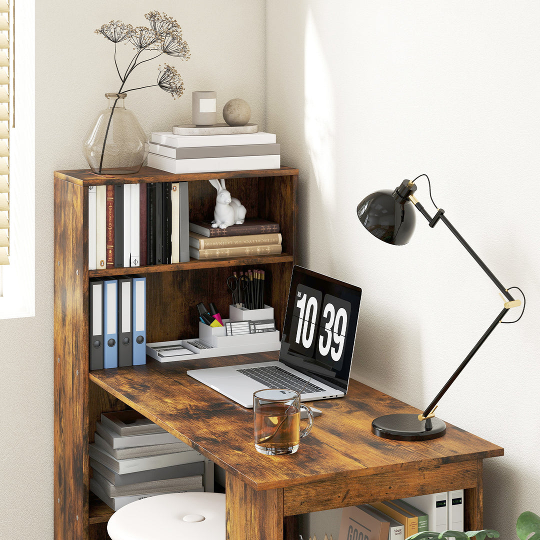 120cm Computer Desk, Wooden PC Laptop Table with 6-Tier Storage Bookshelves, Home Office Working Study Desk, Writing Workstation, Rustic Brown Wood-Effect