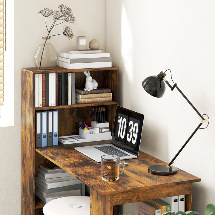 120cm Computer Desk, Wooden PC Laptop Table with 6-Tier Storage Bookshelves, Home Office Working Study Desk, Writing Workstation, Rustic Brown Wood-Effect